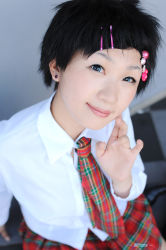 Rule 34 | 1girl, asian, black hair, blouse, blue eyes, color contacts, cosplay, d.gray-man, lenalee lee, lenalee lee (cosplay), looking at viewer, necktie, petite, photo (medium), plaid, pleated skirt, school uniform, shirt, short hair, skirt, solo, takamura mashiro