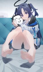 Rule 34 | 1boy, 1girl, absurdres, anohito401, doodle sensei (blue archive), bare legs, barefoot, bed sheet, black halo, black panties, blue archive, blue hair, blue necktie, blush, collared shirt, eyelashes, feet, full body, hair ornament, halo, highres, holding, indoors, jacket, knees together feet apart, knees up, legs, long hair, long sleeves, looking at viewer, necktie, off shoulder, panties, parted bangs, purple eyes, sensei (blue archive), shirt, sitting, soles, thighs, toenails, toes, twintails, underwear, wavy mouth, white jacket, yuuka (blue archive)