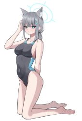 Rule 34 | 1girl, animal ear fluff, animal ears, arm behind back, black one-piece swimsuit, blue archive, competition swimsuit, erenav, highleg, highleg swimsuit, highres, one-piece swimsuit, shiroko (blue archive), simple background, standing on knees, swimsuit, white background