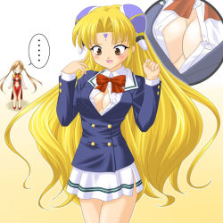 Rule 34 | ..., 00s, 2girls, artist request, blonde hair, blush, breasts, broccoli (company), center opening, character request, china dress, chinese clothes, cleavage, cleavage cutout, clothing cutout, cosplay, costume switch, crossover, dress, facial mark, fang, forehead mark, galaxy angel, gloves, gradient background, hair ornament, hairclip, long hair, medium breasts, miniskirt, multiple girls, navel cutout, o o, open mouth, parody, pelvic curtain, ranpha franboise, school uniform, serafuku, side slit, simple background, skirt, speech bubble, spoken ellipsis, twintails, wardrobe malfunction