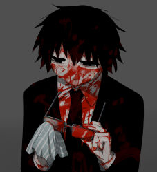 Rule 34 | 1boy, absurdres, avogado6, black eyes, black hair, black jacket, black necktie, blood, blood in hair, blood on clothes, blood on face, blood on hands, blue scarf, closed mouth, collared jacket, collared shirt, commentary request, glasses, grey background, grey shirt, hair between eyes, hands up, highres, holding, holding clothes, holding removed eyewear, holding scarf, jacket, long sleeves, looking down, male focus, necktie, original, plaid, plaid scarf, scarf, shirt, short hair, simple background, solo, standing, unworn eyewear, white scarf, wing collar, wiping blood
