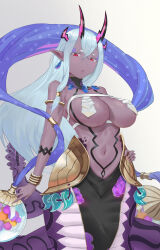 Rule 34 | 1girl, absurdres, aged up, armlet, armor, black collar, blue hair, blue shawl, body markings, bracelet, breast curtains, breasts, cheng (pixiv5550107), collar, colored skin, commentary, crossed bangs, dark-skinned female, dark skin, earrings, eyeliner, fate/grand order, fate (series), faulds, fingernails, gold trim, grey skin, hair between eyes, hair tubes, hand on own hip, highres, horns, ibuki douji (fate), ibuki douji (first ascension) (fate), jewelry, lamia, large breasts, light blue hair, long fingernails, long hair, looking at viewer, magatama, magatama necklace, makeup, monster girl, multiple horns, nail polish, navel, necklace, parted lips, pelvic curtain, pink nails, pointy ears, purple eyeliner, red eyes, revealing clothes, scales, shawl, sidelocks, simple background, snake tail, solo, tail, underboob, white background