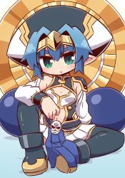 Rule 34 | 1girl, :o, arm on knee, black footwear, black thighhighs, blue hair, blush, boots, breasts, commentary request, glowing, glowing eyes, green eyes, hair between eyes, hat, hellmatio, highres, knee up, long sleeves, looking at viewer, naga u, parted lips, pleated skirt, pointy ears, shinrabanshou, shirt, short eyebrows, sitting, skirt, skull, small breasts, solo, thick eyebrows, thighhighs, white shirt, white skirt