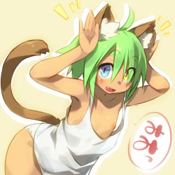 Rule 34 | 1girl, :d, ahoge, animal ears, armpits, blue eyes, blush, cat ears, cat tail, eyebrows, fang, flat chest, green hair, heterochromia, looking at viewer, mizuki kotora, nipple slip, nipples, open mouth, original, panties, see-through, short hair, simple background, smile, solo, speech bubble, tail, tank top, thick eyebrows, underwear, underwear only, yellow eyes, ||