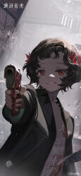 Rule 34 | 1girl, absurdres, aiming, aiming at viewer, backlighting, bar (place), black coat, black hair, blurry, blurry background, chandelier, coat, copyright name, copyright notice, curly hair, dress, dutch angle, feather dress, feather hair ornament, feathers, finger on trigger, flat chest, grin, gun, hair ornament, handgun, highres, holding, holding gun, holding weapon, long sleeves, looking at viewer, official art, official wallpaper, pointing gun, red dress, red eyes, red feathers, reverse:1999, schneider (reverse:1999), short hair, smile, solo, spotlight, upper body, weapon, yetecong