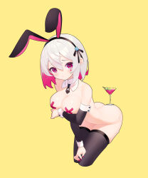Rule 34 | 1girl, absurdres, aiee, animal ears, arched back, arm under breasts, ass, bent over, black thighhighs, blush, breasts, cocktail, cocktail glass, colored inner hair, cross hair ornament, cross pasties, cup, detached collar, detached sleeves, drinking glass, fake animal ears, grey hair, hair between eyes, hair ornament, heart, heart-shaped pupils, highres, leaning forward, legs together, leotard, looking at viewer, medium breasts, multicolored hair, nail polish, necktie, no panties, original, pasties, pink hair, playboy bunny, rabbit ears, red eyes, short necktie, simple background, skindentation, sticker on face, sweat, sweatdrop, symbol-shaped pupils, thighhighs, wet, wrist cuffs, yellow background