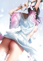 Rule 34 | 1girl, ass, black hair, blurry, breasts, bug, butterfly, butterfly hair ornament, collarbone, cowboy shot, depth of field, from behind, ginhaha, glint, hair ornament, haori, highres, holding, holding sword, holding weapon, insect, japanese clothes, katana, kimetsu no yaiba, kochou shinobu, long sleeves, medium breasts, nipples, open clothes, parted bangs, purple eyes, purple hair, sheath, short hair, smile, solo, sword, unsheathing, weapon, wide sleeves