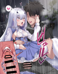 Rule 34 | 1boy, 1girl, black hair, black jacket, blue dress, breasts, brown eyes, carrying, clothed sex, cross-section, cum, cum in pussy, dress, faceless, faceless male, melusine (fate), fate/grand order, fate (series), forked eyebrows, frills, fujimaru ritsuka (male), fujimaru ritsuka (male) (polar chaldea uniform), grey pants, hetero, highres, jacket, kazami chiu, long hair, long sleeves, open mouth, pants, penis, polar chaldea uniform, princess carry, rolling eyes, sex, short hair, short sleeves, sidelocks, sitting, sitting on person, small breasts, smile, spread legs, testicles, thighhighs, thighs, tongue, tongue out, translation request, vaginal, white hair, white thighhighs