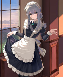 Rule 34 | 1girl, absurdres, alternate costume, alternate hairstyle, apron, black dress, closed mouth, clothes lift, cloud, cloudy sky, collared shirt, commentary, dress, enmaided, feet out of frame, final fantasy, final fantasy brave exvius, frilled hairband, frilled skirt, frills, gem, glaciela wezette, grey hair, hairband, highres, hirono (hxze4434), indoors, juliet sleeves, light blush, long hair, long sleeves, looking at viewer, maid, maid apron, maid headdress, mountainous horizon, open hand, puffy sleeves, red eyes, shirt, sidelocks, skirt, skirt lift, sky, solo, sweatdrop, war of the visions: final fantasy brave exvius, white apron, window