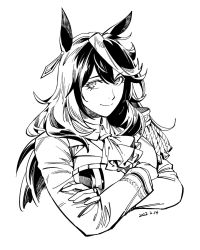 Rule 34 | 1girl, animal ears, ascot, character request, closed mouth, crossed arms, dated, earrings, epaulettes, greyscale, highres, horse ears, jacket, jewelry, looking at viewer, monochrome, multicolored hair, ruukii drift, simple background, single epaulette, smile, solo, streaked hair, umamusume, upper body, white background