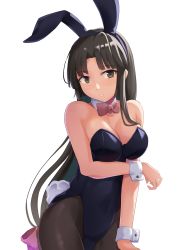 Rule 34 | 1girl, alternate costume, animal ears, arm under breasts, black hair, black leotard, black pantyhose, blush, bow, bowtie, breasts, brown eyes, cleavage, detached collar, fake animal ears, fake tail, highres, kantai collection, leotard, long hair, looking at viewer, low-tied long hair, medium breasts, pantyhose, parted lips, playboy bunny, rabbit ears, rabbit tail, red bow, red bowtie, shouhou (kancolle), solo, tail, takashi (nougyou), upper body, white background, white wrist cuffs, wrist cuffs