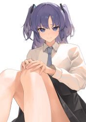 Rule 34 | 1girl, absurdres, alternate costume, black skirt, blue archive, blue necktie, collared shirt, commentary request, halo, highres, knees together feet apart, knees up, long hair, long sleeves, looking at viewer, necktie, parted bangs, pleated skirt, purple eyes, purple hair, randouworks, shirt, sidelocks, simple background, sitting, skirt, solo, summer uniform, triangle hair ornament, two side up, white background, white shirt, yuuka (blue archive)