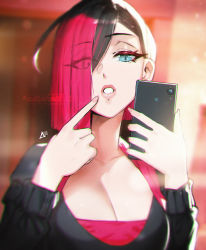 Rule 34 | 1girl, asymmetrical hair, aurahack, black hair, blue eyes, breasts, cellphone, cleavage, commentary, english commentary, eyelashes, fingernails, hair over one eye, highres, holding, holding phone, large breasts, lips, multicolored hair, original, phone, pink hair, pink lips, pointing, pointing at self, puckered lips, selfie, short hair, smartphone, solo, taking picture, two-tone hair