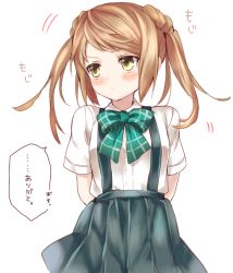 Rule 34 | 10s, 1girl, arms behind back, blush, bow, bowtie, brown hair, double bun, kantai collection, looking away, michishio (kancolle), nagomi (mokatitk), pleated skirt, school uniform, skirt, solo, suspenders, translation request, white background, yellow eyes