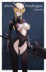 Rule 34 | 1girl, absurdres, ahoge, armor, artist name, artoria pendragon (fate), artoria pendragon (lancer) (fate), bamuth, blonde hair, blue background, bodysuit, braid, breasts, character name, cleavage, closed mouth, commentary request, fate/grand order, fate (series), french braid, gauntlets, hair ornament, highres, holding, holding weapon, large breasts, lips, looking at viewer, pale skin, polearm, rhongomyniad (fate), ribbed bodysuit, simple background, skin tight, solo, spear, turtleneck, weapon, yellow eyes