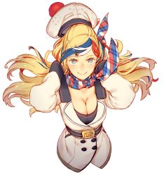 Rule 34 | 1girl, anchor hair ornament, beret, blonde hair, blue eyes, blue hair, breasts, buttons, cleavage, commandant teste (kancolle), cropped torso, double-breasted, from above, hair ornament, hairclip, hat, highres, jacket, kantai collection, long hair, looking at viewer, medium breasts, multicolored clothes, multicolored hair, multicolored scarf, plaid, plaid scarf, pom pom (clothes), red hair, scarf, simple background, smile, solo, streaked hair, swept bangs, uyama hajime, wavy hair, white background, white hair