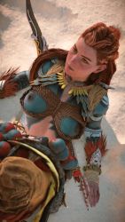 Rule 34 | 1girl, 3d, aloy (horizon), bodypaint, braid, breasts, female focus, freckles, game cg, game console, glitch, highres, horizon (video game), horizon forbidden west, horizon zero dawn, long hair, lying, messy hair, navel, nipples, on back, on ground, outdoors, red hair, solo, sweat, tribal, video game