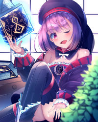 Rule 34 | 1girl, absurdres, bare shoulders, blush, book, buckle, collar, commentary request, dress, fate/grand order, fate (series), grimoire, helena blavatsky (fate), helena blavatsky (third ascension) (fate), highres, holding, holding book, leg up, long sleeves, one eye closed, open mouth, purple hair, red eyes, short dress, sitting, sleeves past wrists, solo, suisen-21, thighhighs