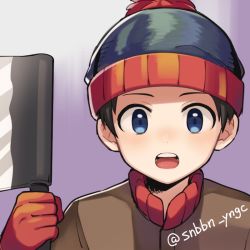 Rule 34 | 1boy, artist name, blue eyes, blue hat, brown hair, cleaver, commentary request, face, gradient background, haizai, hat, holding, holding knife, knife, looking at viewer, male focus, open mouth, short hair, solo, south park, stan marsh, winter clothes