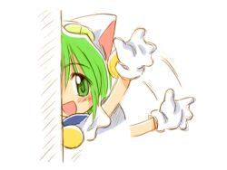 Rule 34 | 1girl, :d, afterimage, bell, blush, brooch, dejiko, di gi charat, gem, green eyes, green hair, hand wave, jewelry, jingle bell, looking at viewer, lowres, matching hair/eyes, motion lines, open mouth, shirt, shoes, short sleeves, smile, solo, suka, waving, white shirt