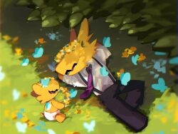 Rule 34 | 1boy, 1other, a hat in time, baby, black necktie, black pants, blue butterfly, bug, butterfly, conductor (a hat in time), flower, grass, hair flower, hair ornament, highres, insect, leaf, lying, nasubeen, necktie, on grass, original, pants, purple necktie, reptilian, shirt, smile, teeth, white shirt, yellow butterfly