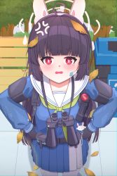 Rule 34 | 1girl, :o, absurdres, adjusting skirt, animal ears, belt, bench, binoculars, black hair, blue archive, blunt bangs, blush, commentary request, extra ears, fake animal ears, from above, hairband, halo, hands on own hips, highres, leaf, leaf on head, long hair, long sleeves, looking at viewer, looking up, lpleader, miyu (blue archive), pantyhose, park bench, pleated skirt, rabbit ears, recycle bin, red eyes, school uniform, scope, serafuku, sidelocks, skirt, solo, tree, wavy mouth, white pantyhose