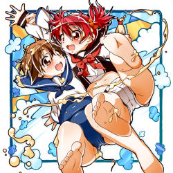 Rule 34 | 2girls, ao yasai, barefoot, bottle, brown eyes, brown hair, creator connection, crossover, feet, isshiki akane, mayonnaise, miyafuji yoshika, multiple girls, red eyes, red hair, sailor, school swimsuit, school uniform, short hair, short shorts, shorts, soles, strike witches, swimsuit, swimsuit under clothes, toes, vividred operation, world witches series