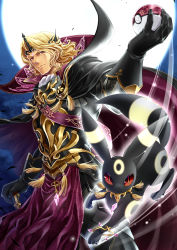 Rule 34 | 1boy, alternate costume, armor, bad id, bad pixiv id, bangle, black armor, black cape, black gloves, blonde hair, bracelet, cape, collar, colored sclera, company connection, creatures (company), crossover, crown, fire emblem, fire emblem fates, full moon, game freak, gem, gen 2 pokemon, gloves, glowing, highres, holding, holding poke ball, ichino tomizuki, jewelry, lips, loincloth, looking at viewer, moon, night, night sky, nintendo, ornate armor, poke ball, pokemon, pokemon (creature), pokemon gsc, purple cape, red eyes, red sclera, siegfried (sword), sky, sword, tail, umbreon, wavy hair, weapon, xander (fire emblem)