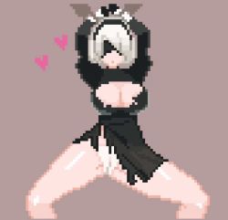 Rule 34 | 1girl, animated, animated gif, arms up, ass shake, black dress, blindfold, bound, breasts, cleavage, cleavage cutout, clothing cutout, dancing, dress, hairband, heart, large breasts, legs, legs apart, nier (series), nier:automata, panties, pink crown, pixel art, pixelated, restrained, short hair, solo, thighs, tied up, torn clothes, underwear, white hair, white panties, 2b (nier:automata)