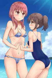 Rule 34 | 10s, 2girls, ass, beach, bikini, blush, breasts, brown eyes, brown hair, cleavage, cloud, cousins, harukana receive, higa kanata, highres, holding hands, interlocked fingers, looking at another, medium breasts, multiple girls, navel, ocean, one-piece swimsuit, oozora haruka (harukana receive), open mouth, outdoors, ponytail, sky, small breasts, smile, standing, swimsuit, water