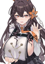 Rule 34 | 1girl, absurdres, animal ears, azur lane, black skirt, blush, braid, breast curtain, breasts, brown hair, chain, chikuma (azur lane), collared shirt, commentary request, crossed bangs, dripping, extra ears, flower, hair between eyes, hair flower, hair ornament, hand up, highres, large breasts, long hair, long sleeves, looking at viewer, mole, mole under mouth, necktie, neckwear lift, orange eyes, orange flower, orange necktie, parted lips, pleated skirt, rabbit ears, see-through, shirt, sideboob, simple background, skirt, solo, white background, zhudouzi