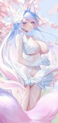 Rule 34 | 1girl, absurdres, animal ear fluff, animal ears, blue hair, blue tail, blurry, blurry background, breasts, feathers, gradient hair, highres, indie virtual youtuber, large breasts, long hair, looking at viewer, multicolored hair, multicolored tail, pink hair, pink tail, see-through, silvervale, tail, virtual youtuber, wolf ears, wolf girl, wolf tail, yoclesh
