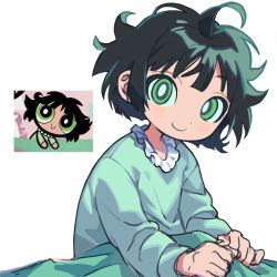 Rule 34 | 1girl, ahoge, black hair, blanket, blush, bright pupils, buttercup (ppg), buttercup redraw challenge (meme), closed mouth, frills, green eyes, green hair, green pajamas, highres, meme, messy hair, myunazzang, pajamas, photo-referenced, pillow, powerpuff girls, screenshot inset, short hair, simple background, sketch, smile, solo, white background, white pupils