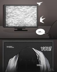 1boy 1girl absurdres artist_name black_hair dress english_text highres long_hair mikuneki shadow speech_bubble static television the_ring through_medium through_screen white_dress yamamura_sadako