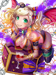 Rule 34 | 1girl, alcohol, armband, blonde hair, bow, bracelet, breasts, brown hair, head rest, cleavage, cup, drinking glass, fishnets, gradient hair, green eyes, grin, hair ornament, jewelry, large breasts, long hair, lots of jewelry, matsurika youko, multicolored hair, nail polish, official art, smile, solo, sousei ragnavein, thighhighs, twintails, wine, wine glass, wings