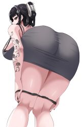 Rule 34 | 1girl, absurdres, ass, black bra, black dress, black hair, black nails, blunt bangs, bra, breast tattoo, breasts, butterfly tattoo, d (killer wife) (nikke), d (nikke), dongtan dress, dress, eomo (pyum3252), from behind, from below, goddess of victory: nikke, heart, heart necklace, highres, jewelry, large breasts, leaning forward, long hair, looking at viewer, looking back, meme attire, nail polish, necklace, official alternate costume, panties, panty pull, red eyes, simple background, solo, tattoo, underwear
