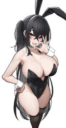 Rule 34 | 1girl, alternate costume, animal ears, azur lane, bare arms, bare shoulders, black leotard, black thighhighs, blush, breasts, cleavage, crossed bangs, fake animal ears, fellatio gesture, hand on own hip, highres, large breasts, leotard, long hair, looking at viewer, open mouth, playboy bunny, rabbit ears, red eyes, saliva, simple background, siu (siu0207), smile, solo, standing, taihou (azur lane), thighhighs, thighs, tongue, tongue out, white background, wrist cuffs