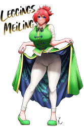 Rule 34 | 1girl, alternate hairstyle, blue eyes, breasts, clothes lift, dress, green dress, highres, hong meiling, koyubi (littlefinger1988), large breasts, leggings, looking at viewer, red hair, shirt, short hair, simple background, skin tight, skirt, skirt lift, sleeves rolled up, smile, solo, touhou, white background, white leggings, white shirt