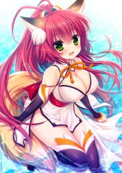 Rule 34 | 1girl, animal ears, black thighhighs, blush, breasts, cleavage, cleavage cutout, clothing cutout, covered erect nipples, elbow gloves, female focus, fox ears, fox tail, gloves, green eyes, hagino kouta, highres, large breasts, long hair, open mouth, original, pink hair, ponytail, red hair, sash, smile, solo, tail, thighhighs, very long hair