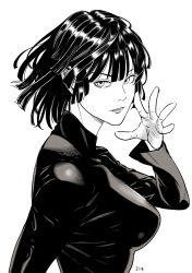 Rule 34 | 1girl, bob cut, breasts, eyebrows, fubuki (one-punch man), greyscale, highres, large breasts, lips, long sleeves, looking at viewer, monochrome, nose, one-punch man, short hair, sickpoly7188, solo, straight hair, upper body, white background