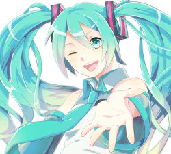 Rule 34 | 1girl, ;d, aqua necktie, bad id, bad pixiv id, collared shirt, detached sleeves, female focus, green eyes, green hair, hatsune miku, headgear, long hair, looking at viewer, matching hair/eyes, necktie, one eye closed, open mouth, outstretched hand, palms, reaching, shirt, simple background, smile, solo, twintails, unko (50d0d0), vocaloid, white background, wink