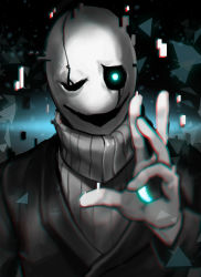 Rule 34 | 1boy, ;d, absurdres, chromatic aberration, crack, evil smile, formal, glitch, glowing, glowing eye, highres, hole, male focus, one eye closed, open mouth, ribbed sweater, ro g (oowack), smile, solo, suit, sweater, turtleneck, undertale, upper body, w.d. gaster