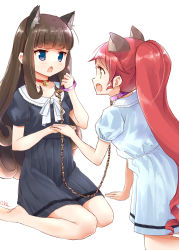 Rule 34 | 2girls, all fours, animal ears, bdsm, bell, black dress, blue dress, blue eyes, blush, brown eyes, brown hair, chain, collar, collarbone, dress, highres, holding, holding hands, kurosu aroma, leash, long hair, looking at another, multiple girls, neck bell, okiru, open mouth, ponytail, pretty series, pripara, puffy short sleeves, puffy sleeves, red hair, shiratama mikan, short sleeves, sideways mouth, simple background, sitting, sketch, wariza, white background