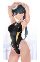 Rule 34 | 1girl, alternate breast size, alternate costume, armpits, arms up, back cutout, black hair, black one-piece swimsuit, black scrunchie, blue eyes, blurry, blurry background, border, breasts, closed mouth, clothing cutout, collarbone, commentary, competition swimsuit, crossed arms, depth of field, from side, groin, hair between eyes, hair ornament, hair scrunchie, half-closed eyes, high ponytail, highleg, highleg swimsuit, highres, houshou (kancolle), kantai collection, long hair, looking at viewer, medium breasts, one-piece swimsuit, outside border, ponytail, scrunchie, smile, solo, standing, straight hair, swept bangs, swimsuit, thighs, very long hair, wa (genryusui), white border, yellow trim