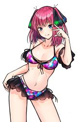 Rule 34 | 1girl, :p, bare legs, bikini, black ribbon, blue eyes, blunt bangs, blush, breasts, butterfly hair ornament, cleavage, collarbone, frilled bikini, frills, go-toubun no hanayome, hair ornament, highres, kejanbo0111, large breasts, looking at viewer, nakano nino, navel, pink hair, raised eyebrows, ribbon, simple background, stomach, swimsuit, tongue, tongue out, twintails, white background