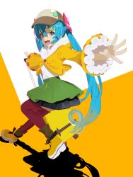 Rule 34 | 1girl, absurdres, black skirt, blue hair, brown headwear, brown socks, eyelashes, foreshortening, full body, gokuma, green skirt, hatsune miku, highres, hood, hooded jacket, jacket, layered clothes, long hair, open mouth, red thighhighs, rolling suitcase, shadow, skirt, socks, solo, suitcase, thighhighs, twintails, two-tone background, very long hair, vocaloid, yellow footwear