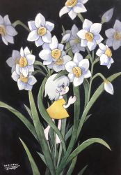 Rule 34 | 1girl, black background, blush, dated, dress, flower, highres, original, plant, profile, shadow, short hair, signature, simple background, solo, tears, white flower, white hair, wide shot, yellow dress, yellow eyes, zukky000