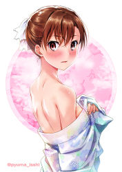 Rule 34 | 1girl, bare shoulders, blue kimono, blush, breasts, brown hair, bug, butterfly, butterfly background, commentary request, floral print, from side, hair ribbon, insect, isshi pyuma, japanese clothes, kimono, long sleeves, looking at viewer, looking back, looking to the side, medium breasts, misaka mikoto, off shoulder, parted lips, print kimono, red eyes, ribbon, short hair, sideboob, solo, toaru kagaku no railgun, toaru majutsu no index, twitter username, upper body, white ribbon