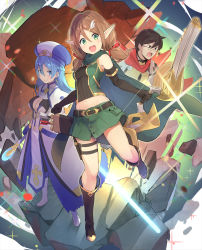 Rule 34 | &gt;:), 1boy, 2girls, armor, bare shoulders, belt, black footwear, black gloves, blue eyes, blue hair, blush, boots, bow, bow (weapon), braid, breasts, brown hair, cape, cleavage, cleavage cutout, closed mouth, clothing cutout, elbow gloves, elf, fantasy, feather hair ornament, freesia (gacha wo mawashite nakama wo fuyasu), full body, gacha wo mawashite nakama wo fuyasu saikyou no bishoujo gundan wo tsukuriagero, glasses, gloves, green cape, green eyes, green skirt, hair between eyes, hair bow, hair ornament, hairclip, hat, highres, holding, holding bow (weapon), holding weapon, holster, isegawa yasutaka, knee boots, long hair, looking at viewer, medium breasts, midriff, miniskirt, multiple girls, navel, novel illustration, official art, open mouth, pointy ears, quiver, red bow, shisuha alvy, short hair, skirt, sleeveless, small breasts, smile, sparkle, standing, standing on one leg, teeth, textless version, thigh holster, upper teeth only, v-shaped eyebrows, weapon, white footwear