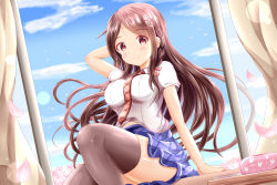 Rule 34 | 1girl, arm behind head, arm up, blue skirt, blue sky, blush, braid, breasts, brown eyes, brown hair, brown necktie, brown thighhighs, closed mouth, cloud, collared shirt, commentary request, curtains, day, floating hair, hair ornament, hairclip, indoors, large breasts, long hair, looking at viewer, necktie, open window, original, parted bangs, pencil case, petals, pleated skirt, school uniform, shirt, short sleeves, sitting, sitting in window, skirt, sky, smile, solo, thighhighs, very long hair, white shirt, window, xenon (for achieve)